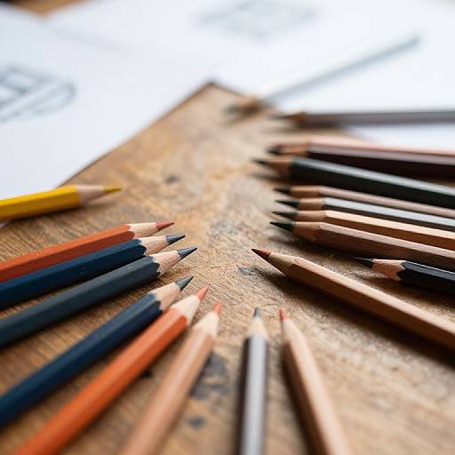 Close-up photograph of assorted colored pencils, including black, red, yellow, and brown, scattered on a textured wooden surface.