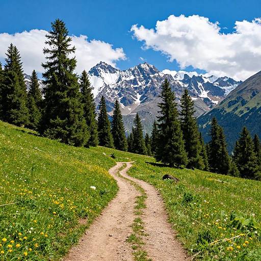 Photograph of a winding dirt path through a lush green meadow with yellow wildflowers, bordered by tall pine trees, leading to snow-capped mountains