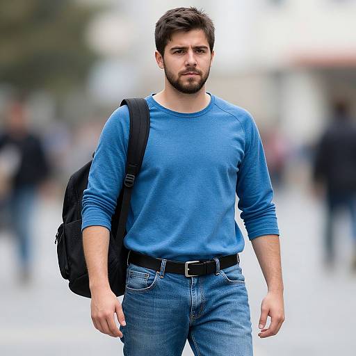Photograph of a handsome bearded man with short dark hair, wearing a blue long-sleeve shirt, blue jeans, black belt, and black