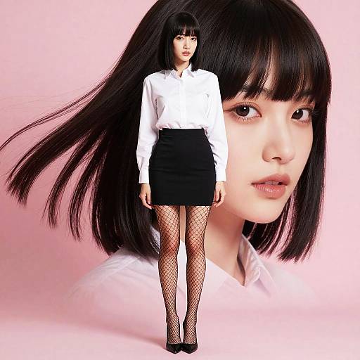 Digital artwork of an East Asian woman with straight black hair, wearing a white blouse, black skirt, fishnet stockings, and black heels, with a