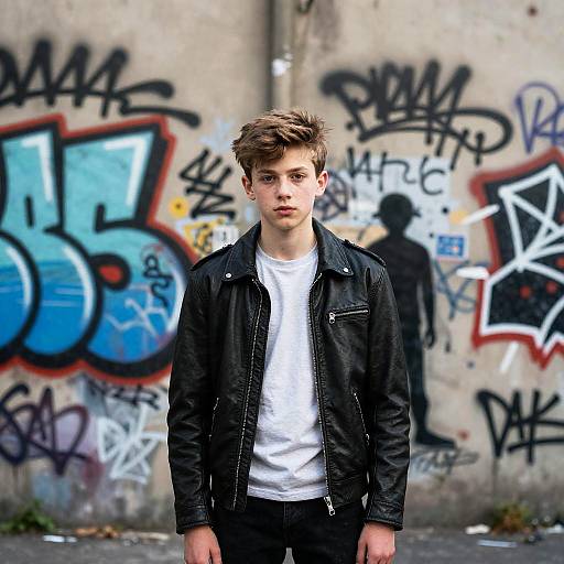 Teenage Boy in Leather Jacket with Graffiti Background