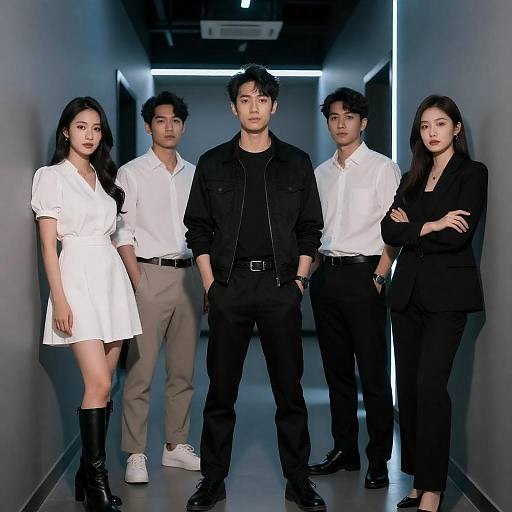 Neon-Lit Hallway: Five Asian Individuals