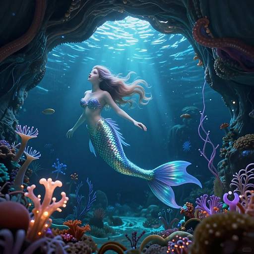 Digital artwork of a shimmering blue mermaid with flowing hair, swimming through a vibrant, sunlit underwater cave filled with colorful corals and small fish