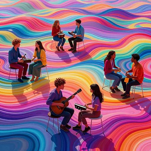 Digital artwork of six diverse musicians playing instruments on vibrant, wavy, rainbow-colored background, seated on chairs, creating a colorful, energetic scene.