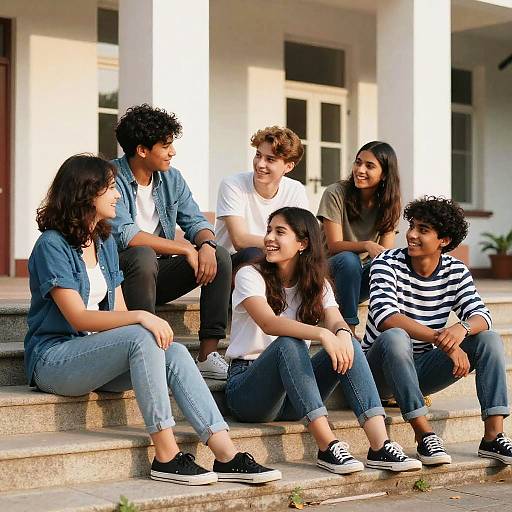 Young Friends Chatting on Sunlit Steps
