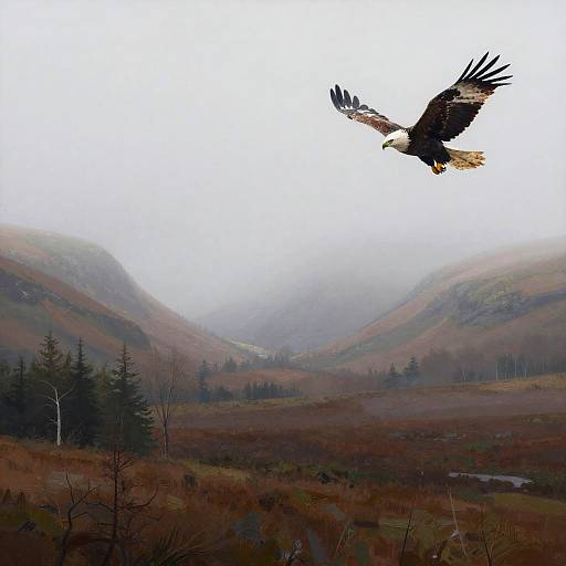 Misty Foothills with Circling Eagles