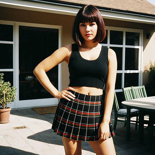 Woman in Crop Top and Plaid Mini Skirt on Patio