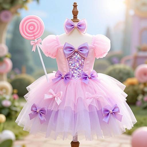 Photorealistic CGI of a pink and purple, star-embellished, frilled dress with bows, on a wooden mannequin, holding