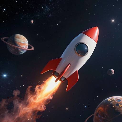 Whimsical Rocket Soaring Through Cosmos