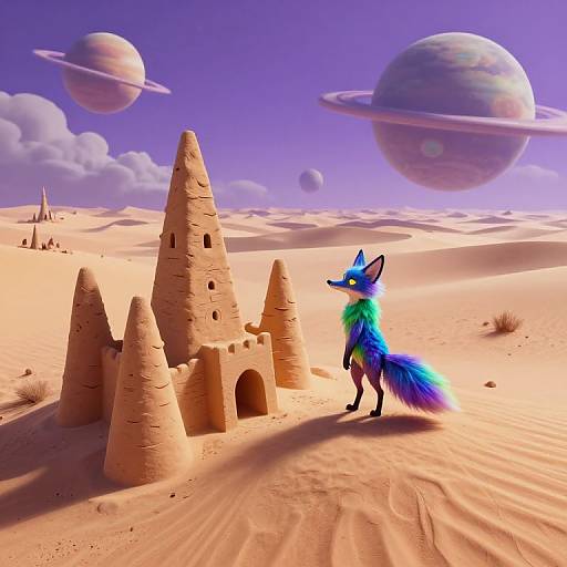 Digital artwork of a blue and green, fox-like creature with a colorful tail, standing beside a sandcastle in a purple-hued desert with large planets