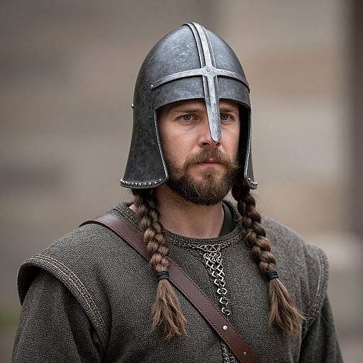 Photograph of a bearded man with braided hair, wearing a medieval steel helmet and dark, textured tunic with chainmail neckpiece.