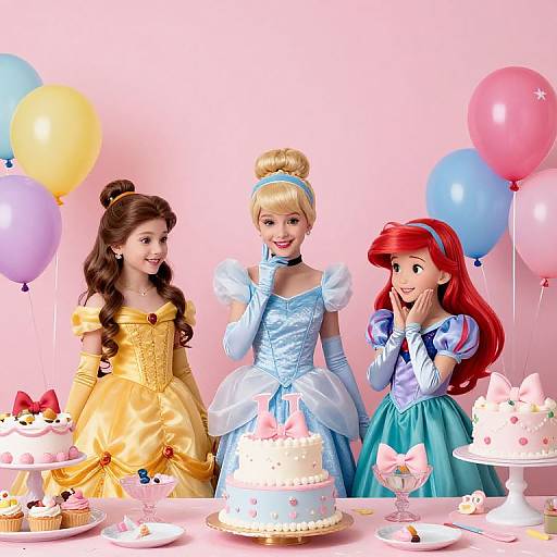 Photorealistic CGI of three Disney princesses in colorful dresses, smiling at a birthday cake with cupcakes, surrounded by balloons.