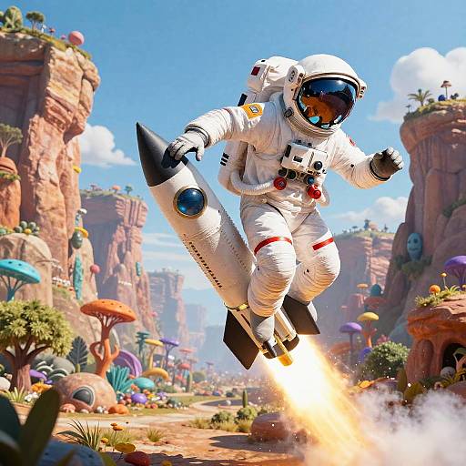 Astronaut Soaring Over Alien Landscape
