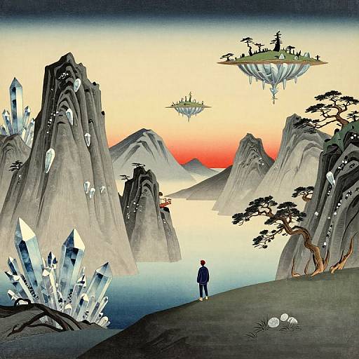 Fantasy landscape painting: crystal-covered mountains, floating islands, silhouetted figure, sunset sky, blue water, and twisted trees. Dreamlike