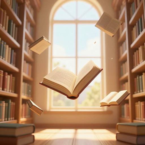 Photograph of floating open books in a sunlit library aisle, surrounded by tall wooden bookshelves, with a large arched window in the background