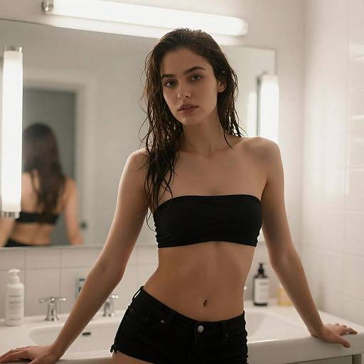 Slender Woman by Bright Bathroom Mirror