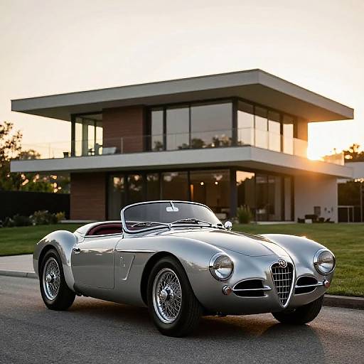 Photograph of a sleek, silver vintage convertible car parked in front of a modern, two-story house at sunset.