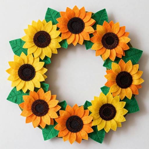 Photograph of a circular wreath made from six vibrant sunflowers with yellow-orange petals and dark centers, surrounded by green leaves.