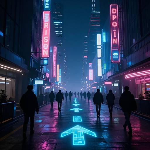 Neon-lit, rainy urban street at night, silhouetted people walking, vibrant pink, blue, and purple neon signs, illuminated arrow