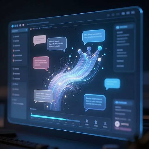 Photograph of a glowing, futuristic computer screen displaying a digital interface with blue and pink speech bubbles, neon lines, and text, set against a dark