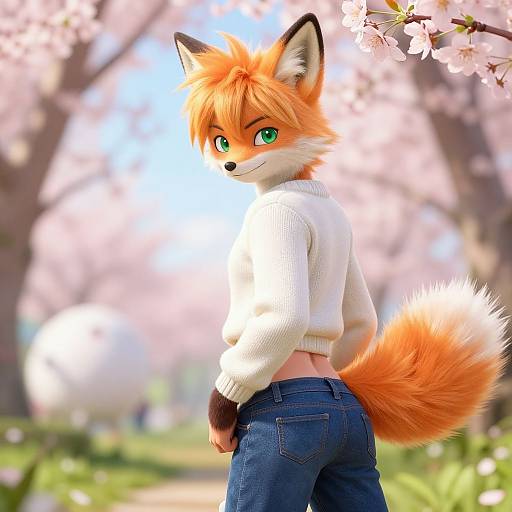 Digital artwork of an anthropomorphic orange fox with green eyes, wearing a white sweater and blue jeans, standing under cherry blossom trees.