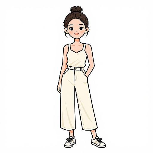 Digital illustration of a cute, light-skinned woman with black hair in a bun, wearing a white sleeveless jumpsuit and white sneakers, standing confidently