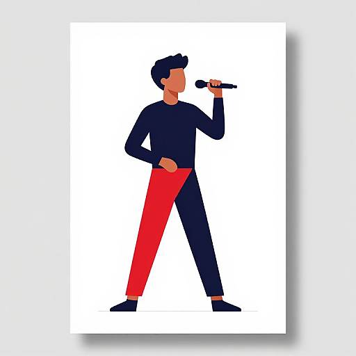 Digital illustration of a stylized male singer with black hair, navy long-sleeve shirt, and bright red pants, holding a microphone, standing against