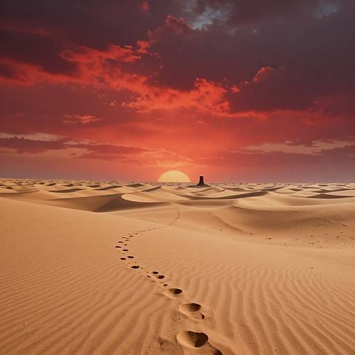 Photograph of a red sunset over rippled sand dunes, with a trail of footprints leading to a small, distant structure.