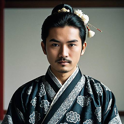 Asian Man in Traditional Black Embroidered Robe