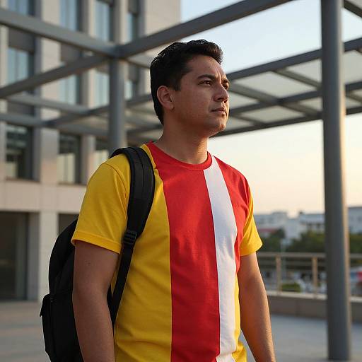 Photograph of a young man with short black hair, wearing a yellow and red striped shirt, black backpack, standing outdoors in front of a modern glass