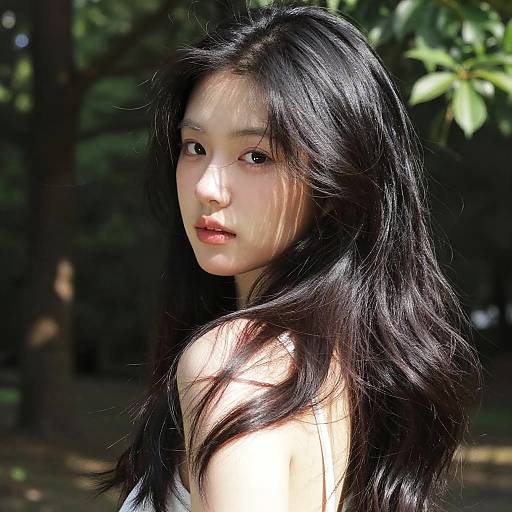 Serene Girl with Flowing Black Hair