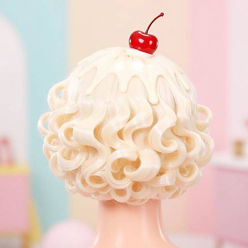 Photograph of a blonde, curly-haired person from behind, topped with a bright red cherry, set against a pastel pink and blue blurred background.