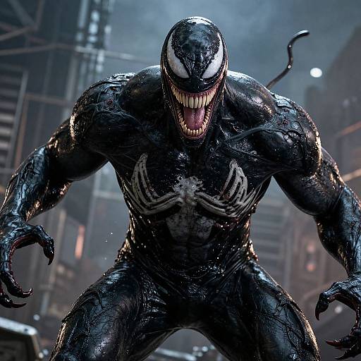 Photorealistic CGI of Venom, a muscular, black-symbiote alien with white eyes and sharp teeth, crouching in a gritty,