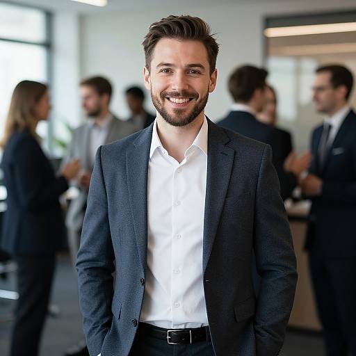 Photograph of a smiling, bearded man with short brown hair, wearing a dark suit and white shirt, standing in a blurred office setting with other