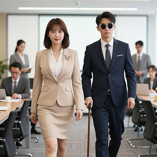 Photograph of an Asian woman in a beige suit and a man in a navy suit with sunglasses walking in a modern office. Background shows blurred colleagues working