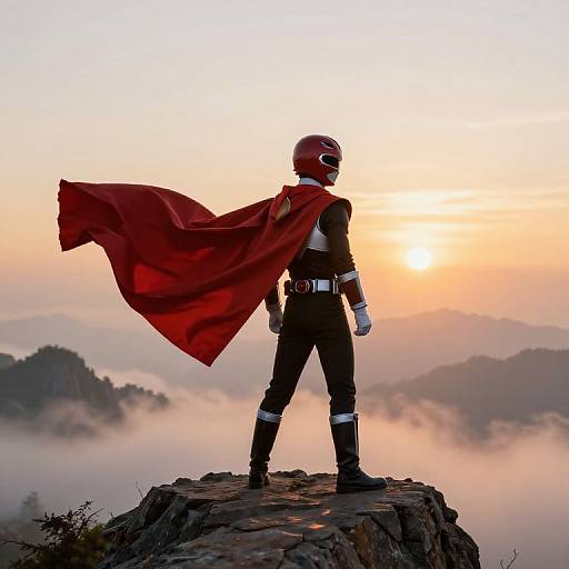 Photograph of a superhero in red cape and helmet, standing on rocky peak at sunrise, overlooking misty mountains.