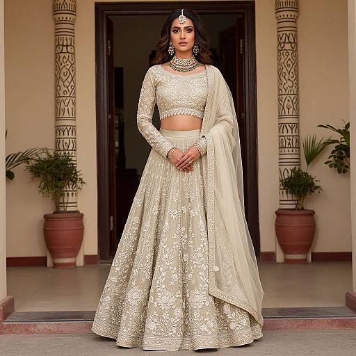 Photograph of a South Asian woman in an elegant cream-colored, intricately embroidered traditional lehenga and dupatta, standing in a doorway with ornate