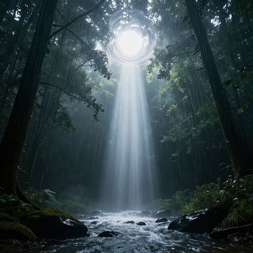 Photograph-like digital artwork of a mystical forest with sunlight rays piercing through dense trees, illuminating a flowing stream below.
