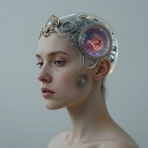 Digital artwork of a pale-skinned woman with a cybernetic head, featuring a transparent dome, gears, and a glowing neural core with a fetus