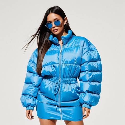 Woman in Blue Puffy Jacket and Mini Dress