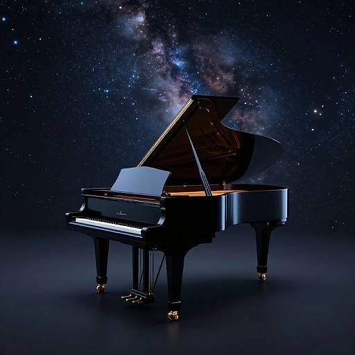 Photograph of a grand piano with open lid, music sheet on stand, against a starry galaxy background, black and glossy with golden pedals.