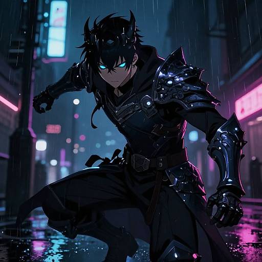 Cyberpunk night scene: Dark-haired, glowing-blue-eyed warrior in black, armored outfit crouches in rain-soaked, neon-lit alley