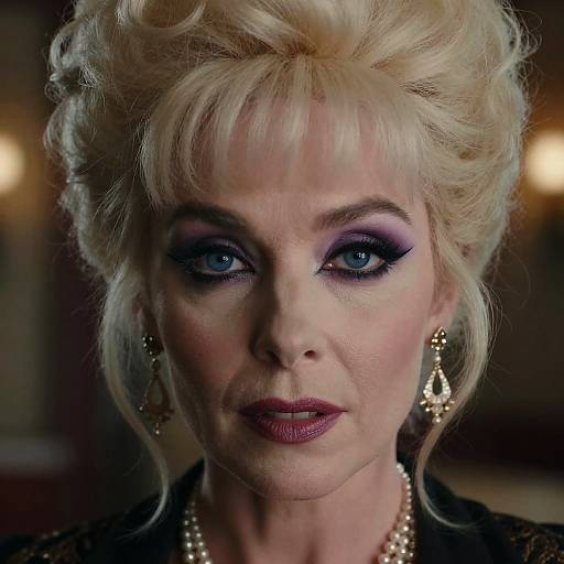 Close-up photograph of a blonde woman with dramatic blue eye makeup, purple eyeshadow, and pearl earrings, wearing dark lipstick, set against a dim