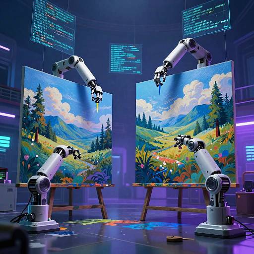 Robotic Arms Painting Landscapes in Cyberpunk Studio