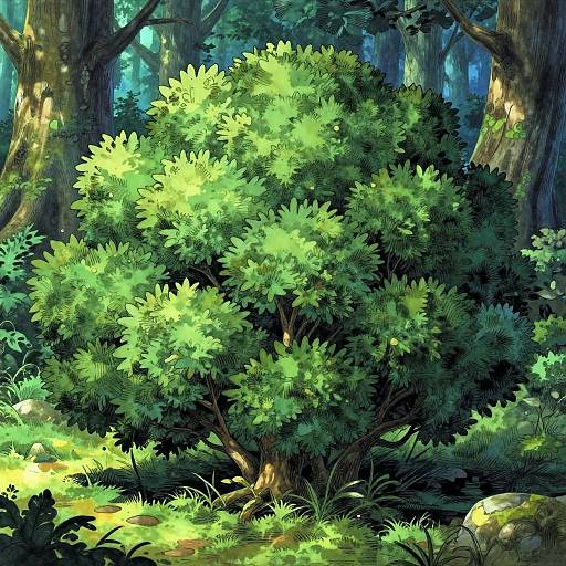 Digital illustration of a vibrant, sunlit forest with a lush, green bush at the center, surrounded by tall trees and dappled sunlight.