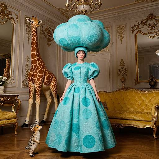 Photograph of a woman in an oversized turquoise dress with puffy sleeves and giant blue puff hat, standing in an ornate room with a giraffe