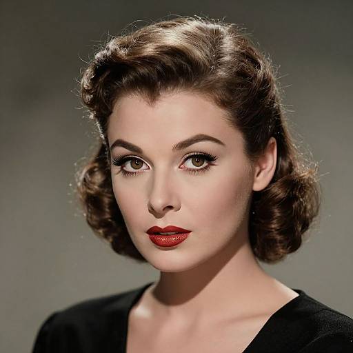Photograph-style digital artwork of a 1940s-style woman with fair skin, dark brown wavy hair, red lipstick, and black clothing,