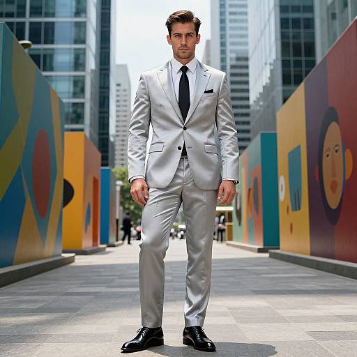 Confident Man in Silver Satin Suit