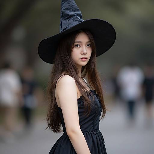 Photograph of an East Asian woman with long brown hair, wearing a black witch hat and sleeveless black dress, standing outdoors with a blurred background of