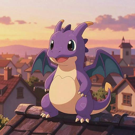 Cute digital illustration of a small, purple, cartoon dragon with blue wings standing on a rooftop against a sunset village backdrop.